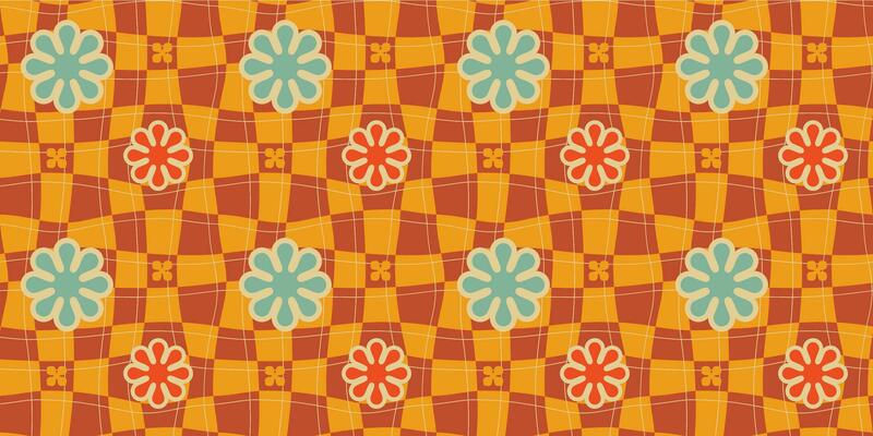 A groovy style seamless pattern with a hippie flower aesthetic design and checkered vector background. Print surface for textiles, wrapping, and webs.