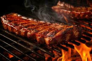 ai generado delicioso A la parrilla costillas en parilla parrilla, de cerca. barbacoa fiesta, un de cerca de candente parilla costillas en un parrilla, ai generado foto