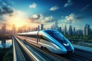 AI generated High-speed train on the highway at sunset in Shanghai, China, High-speed train on the road to the modern city, presented in 3D rendering, AI Generated photo