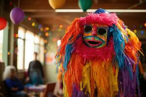 ai generado vistoso carnaval máscara en el antecedentes de un café con gente, un vistoso piñata a un para niños fiesta con con los ojos vendados niño Listo a balancearse, ai generado foto