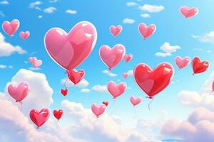 AI generated Heart shaped balloons flying in the blue sky. 3d illustration, A cluster of vivid love heart balloons floating in sky, AI Generated photo