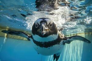 ai generado africano pingüino nada en el piscina. africano pingüino spheniscus demersus además conocido como el burro pingüino y de patas negras pingüino, humboldt pingüino es nadando en el piscina, ai generado foto