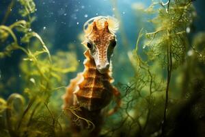 AI generated Hippocampus seahorse Hippocampus seahorse in aquarium, A close-up of a seahorse navigating through underwater vegetation, AI Generated photo