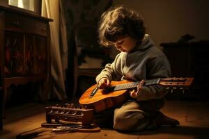 ai generado pequeño chico jugando el guitarra a hogar. niño aprendizaje a jugar, un niño aprendizaje a jugar un música instrumento, ai generado foto