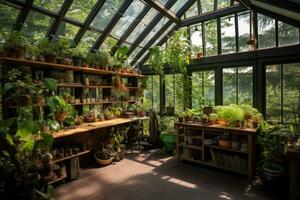 ai generado interior de un invernadero con un montón de plantas y plantas en ollas, invernadero con plantas, interior jardinería, ai generado foto