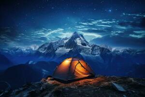 AI generated Camping in the mountains with a view of the Himalayas, Illuminated camp tent under a view of the mountains and a starry sky, AI Generated photo