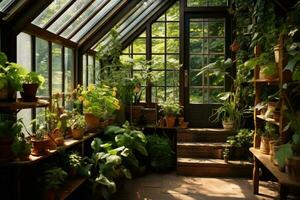 ai generado interior de un invernadero con un montón de plantas y plantas en ollas, invernadero con plantas, interior jardinería, ai generado foto