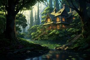 AI generated Fantasy landscape with a wooden house in the forest. 3D rendering, Illustration of a house surrounded by a lush forest, AI Generated photo