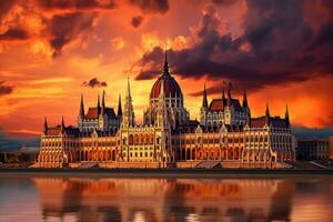 AI generated Hungarian Parliament building at sunset in Budapest, Hungary. Landmark of Hungary, Hungarian parliament, Budapest, at sunset, AI Generated photo