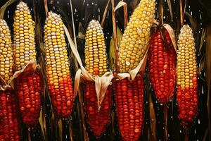 AI generated Ripe corn on the cob in the rain, close-up, Imagine recreation artistic of cobs corn in a maize field with red corn grains with raindrops sliding, AI Generated photo
