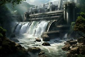 AI generated Hangzhou West Lake Waterfall, Hangzhou, China, Hydroelectric plant with strong waterfalls falling down, AI Generated photo