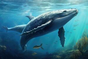 ai generado jorobado ballena nadando submarino en el océano. 3d representación, jorobado ballena alrededor cabo san lucas, ai generado foto