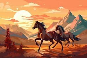 ai generado caballos en el montañas a puesta de sol. vector ilustración de caballos en el montañas, caballo horizontal bandera para sitio web encabezamiento diseño, ai generado foto