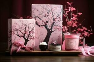 AI generated Cup of coffee and gift box with cherry blossom tree background, A cherry blossom themed Valentine's Day gift box, AI Generated photo