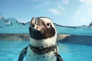 AI generated African penguin swims in the water and looks at the camera, Humboldt penguin is swimming in the pool, AI Generated photo