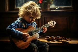 ai generado pequeño chico jugando el guitarra a hogar. auténtico estilo de vida imagen, un niño aprendizaje a jugar un música instrumento, ai generado foto