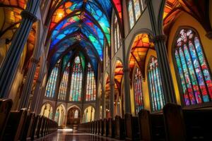 ai generado interior ver de S t. de maría catedral en Dublín, Irlanda, un Iglesia presentando manchado vaso ventanas y imponente agujas, ai generado foto