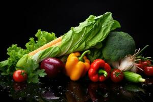 ai generado Fresco vegetales en un negro antecedentes. sano alimento. dieta concepto, Fresco vegetales en un negro antecedentes con gotas de agua, ai generado foto