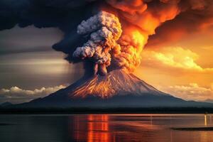 ai generado volcánico erupción en Kamchatka península, Rusia a atardecer, erupción de el tolbachik volcán, ai generado foto