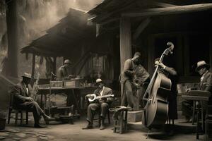 ai generado grupo de jazz músicos realizar en un restaurante en chengdú, porcelana, 1930 jazz banda jugando en un rústico escenario, ai generado foto