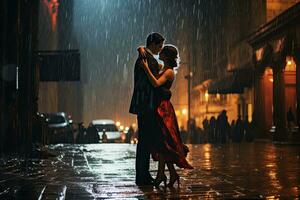 ai generado hermosa Pareja bailando tango en el lluvia en un lluvioso día, ai generado foto