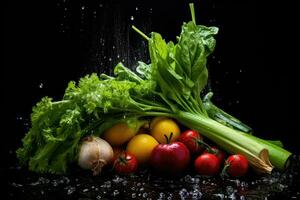 AI generated Fresh vegetables with water splash on black background. Healthy food concept, Fresh vegetables on a black background with drops of water, AI Generated photo