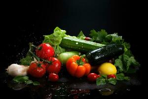 ai generado Fresco vegetales en un negro antecedentes con agua gotas y salpicaduras, Fresco vegetales en un negro antecedentes con gotas de agua, ai generado foto