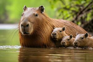 AI generated Capybara Hydrochoerus hydrochaeris mother with her three babies, A capybara family resting together on the banks of a river, AI Generated photo