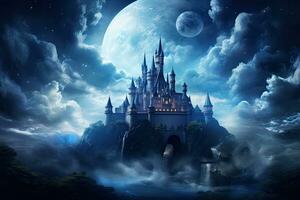 ai generado magia castillo en fantasía paisaje con lleno Luna. 3d representación, ai generado foto