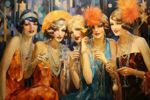 AI generated Beautiful women with champagne glasses in the interior of a restaurant, 1920s flapper women at a vibrant party, AI Generated photo