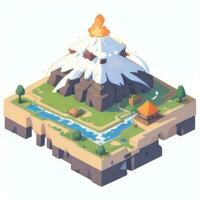 AI generated Isometric 3D Volcano on Island Icon Clip Art Sticker Decoration Simple Background photo