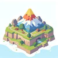 AI generated Isometric 3D Volcano on Island Icon Clip Art Sticker Decoration Simple Background photo