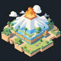 AI generated Isometric 3D Volcano on Island Icon Clip Art Sticker Decoration Simple Background photo