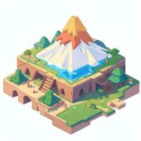 AI generated Isometric 3D Volcano on Island Icon Clip Art Sticker Decoration Simple Background photo
