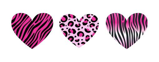 Set of hearts for Valentines Day. trendy pink color. Y2k style. With animalistic pattern. Zebra, leopard, tiger. Safari. For stickers, posters, postcards, design elements vector