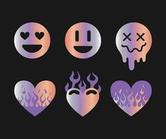 Metallic holographic Y2k sticker. Shining holographic gradient heart on fire, emoticons. Vector foil in 2000s style. Flame. Aesthetics of the 90s, 00s. Peach Fuzz. For stickers, design elements.