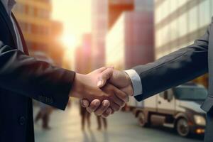 AI generated Businessman and businesswoman shaking hands on blurred background. Teamwork concept, Double exposure of a businessman's handshake with a cargo truck on the road and an import photo