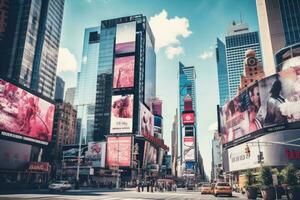 ai generado s cuadrado, Destacados con Broadway teatros y enorme número de LED señales, es un símbolo de nuevo York ciudad y el unido estados, famoso veces cuadrado punto de referencia en nuevo York céntrico con foto