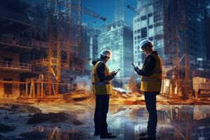 AI generated Two engineers or architects discussing at construction site. Engineering and architecture concept, Double exposure of an engineer and architect working with a smartphone and digital photo