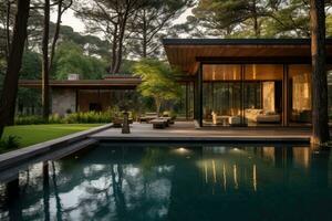 AI generated 3d rendering of modern cozy house with pool and parking for sale or rent in luxurious style and beautiful landscaping on background. Clear summer evening with golden light from photo