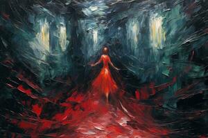 AI generated abstract background, oil painting on canvas, black and red color, Expressionist depiction of a stormy night with a woman in a red dress in a room or station hallway expressing desire photo