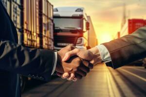 AI generated Businessmen shaking hands on cargo shipping background, freight transportation concept, Double exposure of a businessman's handshake with a cargo truck on the road and an import photo