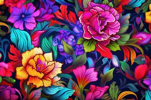 AI generated Colorful lily flower seamless pattern. Floral background. Vector illustration, Floral colorful seamless pattern inspired by Lisa Frank and James Jean, featuring natural plants and photo