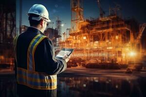 AI generated Engineer or foreman working with tablet at construction site background, Double exposure of an engineer and architect working with a smartphone and digital tablet against the photo