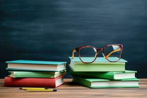 AI generated Stack of books with apple and eyeglasses on table in classroom, Glasses, teacher books, and a stand with pencils on the table, on the background of a blackboard with chalk, The photo