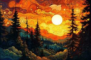 AI generated Sunset in the forest. Colorful vector illustration for your design, Forest landscape with a swirling orange sky, an empty colorful background, resembling a Van Gogh style painting photo