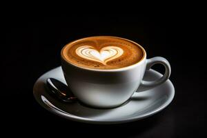 AI generated Cup of coffee latte art with heart shape on black background, Cup of coffee with a heart shape on a black background, presented in a closeup, AI Generated photo