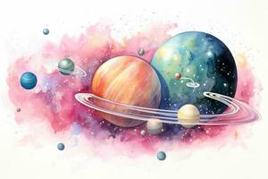 AI generated Planets of the solar system on a colorful watercolor background, A soft pastel galaxy with planets and shooting stars, AI Generated photo