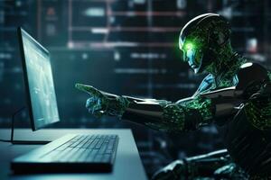 AI generated Cyborg woman working with computer on dark background. 3D rendering, Cyber digital world, an android robot pointing a finger at computer coding AI chatbot background, AI Generated photo