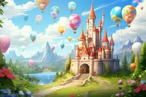 ai generado fantasía paisaje con castillo y globos en el cielo. 3d representación, un hada cuento castillo con flotante globos y linda dibujos animados criaturas, ai generado foto